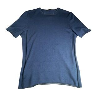 Techin Navy Blue‎ Italian 100%wool Knit Short Sleeve Crew Neck Top Womens Small
